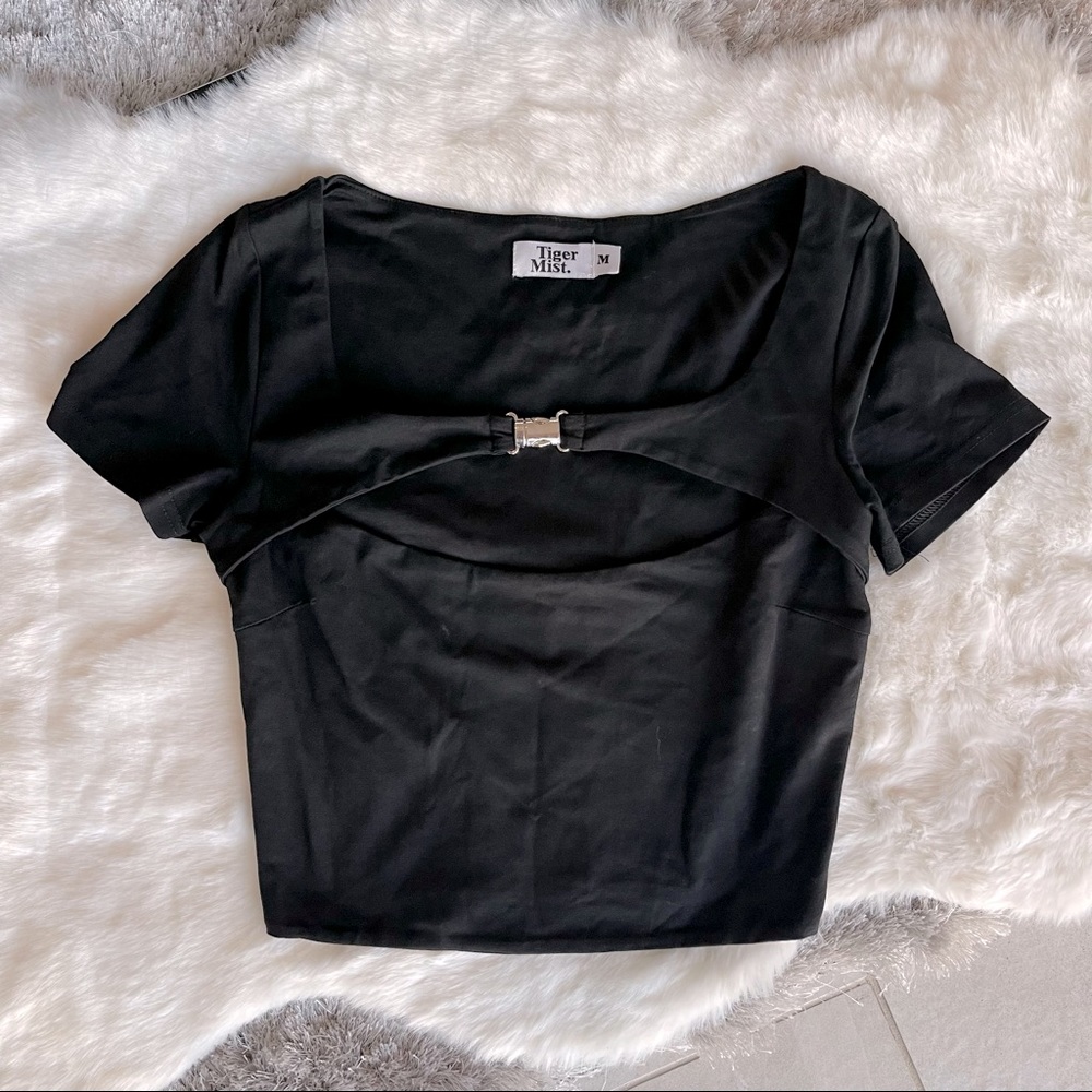 Tiger Mist black crop top with silver buckle